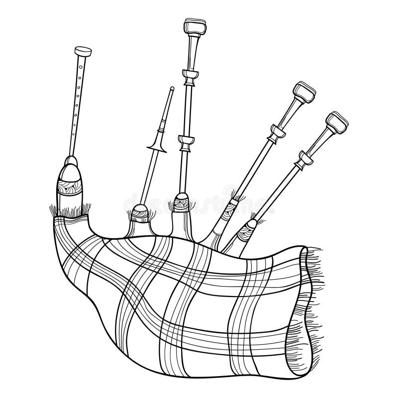 Vector outline scottish folk musical instrument bagpipe or set of pipes in black isolated on white background stock vector