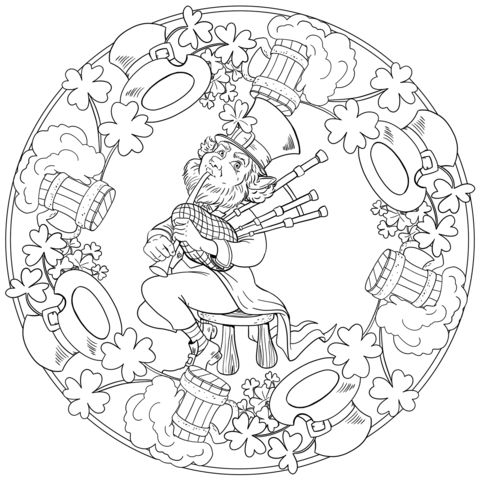 St patricks day mandala with leprechaun playing bagpipes hats and beer coloring page coloring pages leprechaun free printable coloring pages