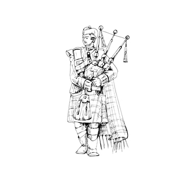 Premium vector scottish man dressed in kilt playing traditional bagpipes vintage vector hatching color hand drawn illustration isolated on white background