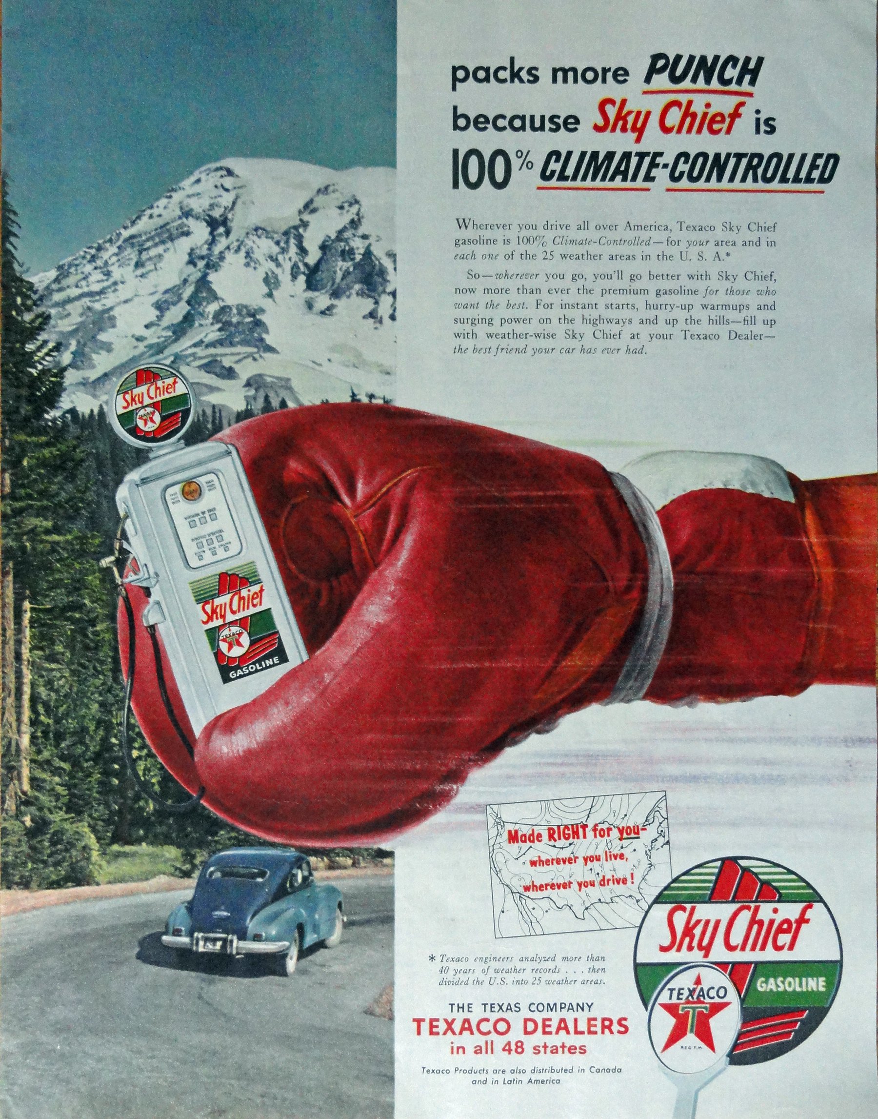 Texaco dealers s print ad full page color illustration boxing glove holding gas pump original vintage colliers magazine print art posters prints