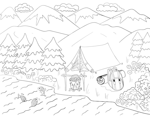 Premium vector coloring page mountain landscape black and white camping and fishing near the river with retro tent