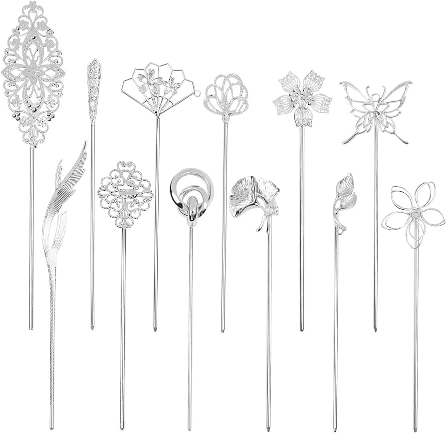 Cinaci pack silver kc gold derative chinese vintage butterlfy flower metal hair sticks chopsticks retro hair pins forks hairpin hair bun updo holders accessories for women girls silver