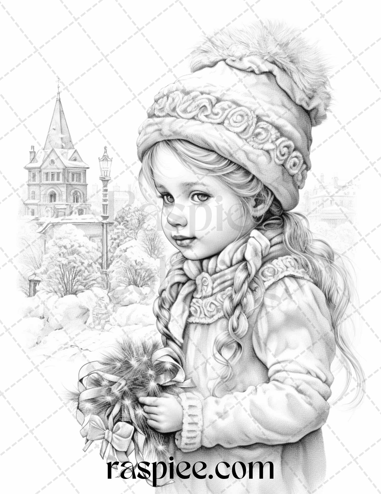 Vintage christmas girls grayscale coloring pages for adults and kid â coloring