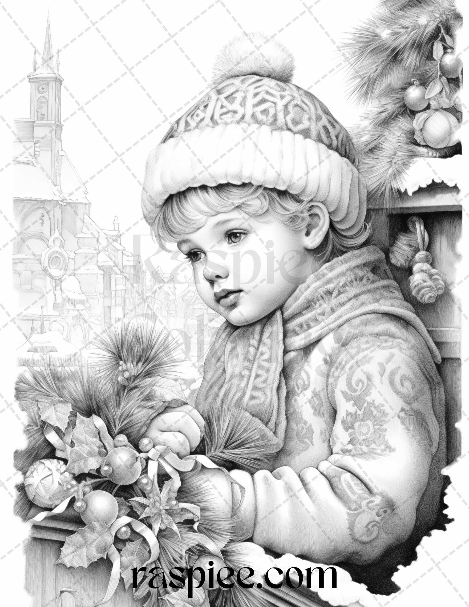 Vintage christmas girls grayscale coloring pages for adults and kid â coloring