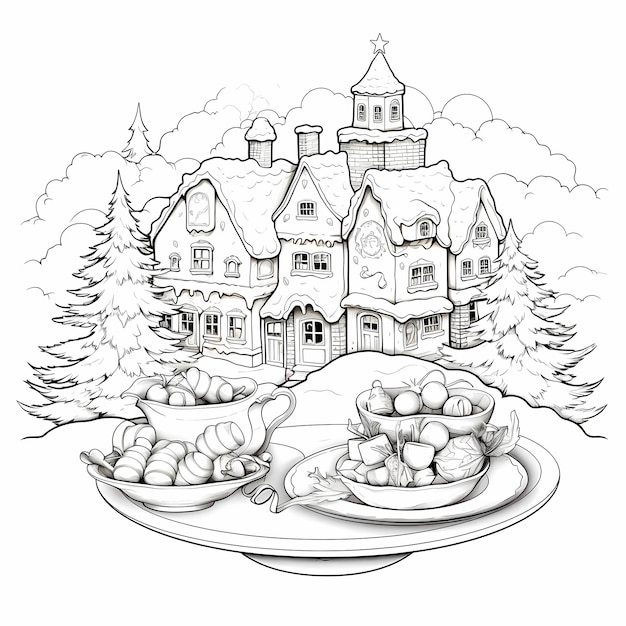 Premium ai image elegant yuletide feast fine art coloring page of a vintage christmas village dinner