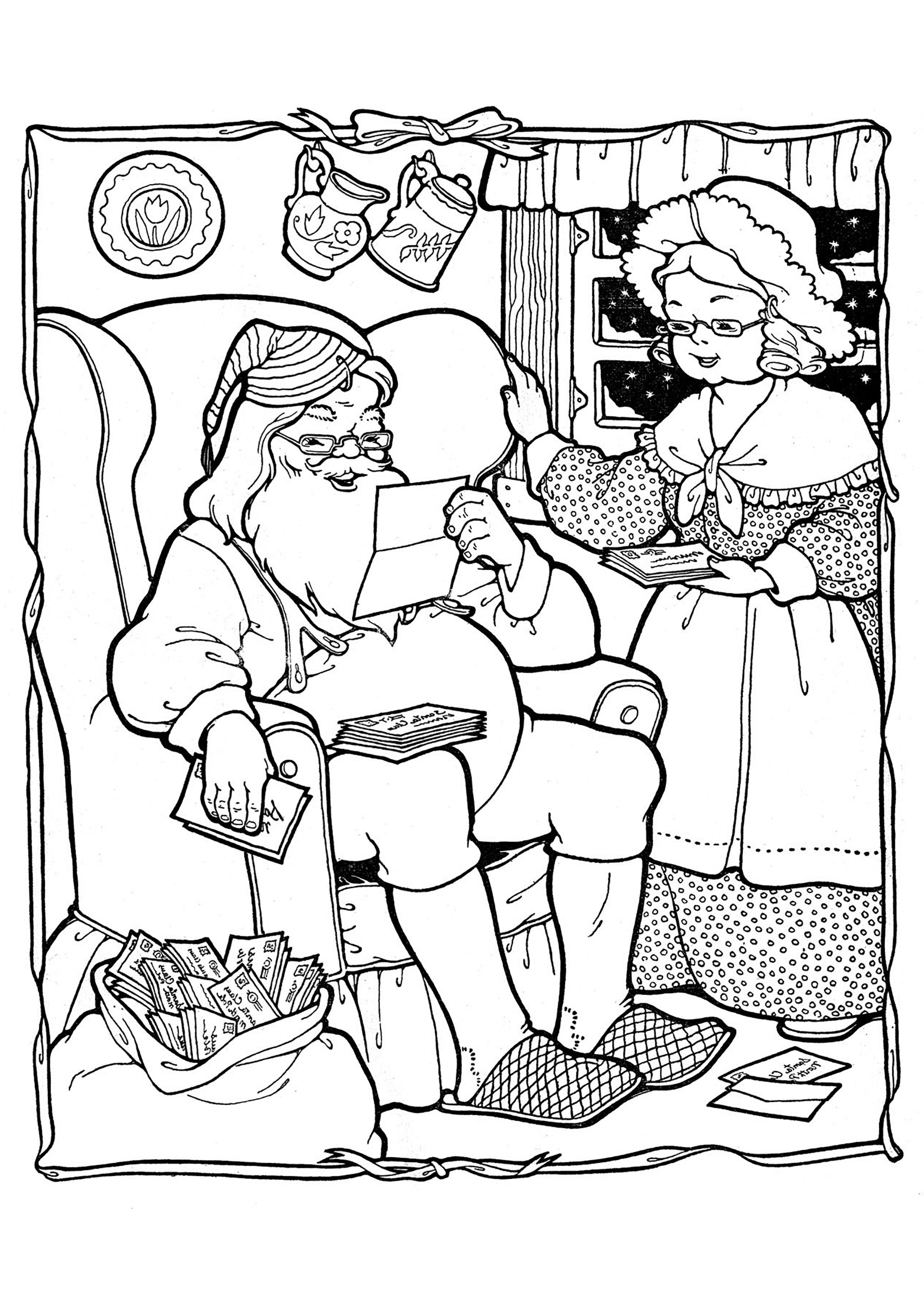 Vintage coloring pages with santa and mrs claus