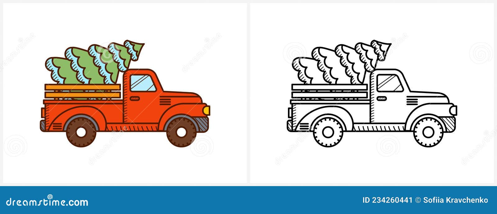 Christmas pickup truck coloring page for kids stock vector