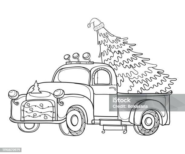 Vector drawing of outline vintage old pickup truck with christmas tree and garland in black isolated on white background stock illustration
