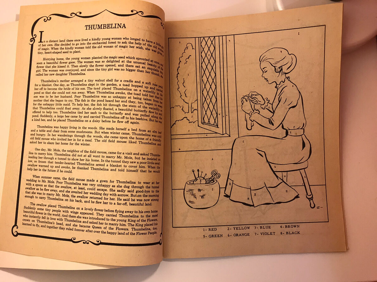 Vintage color by number with complete story of thumbelina coloring book