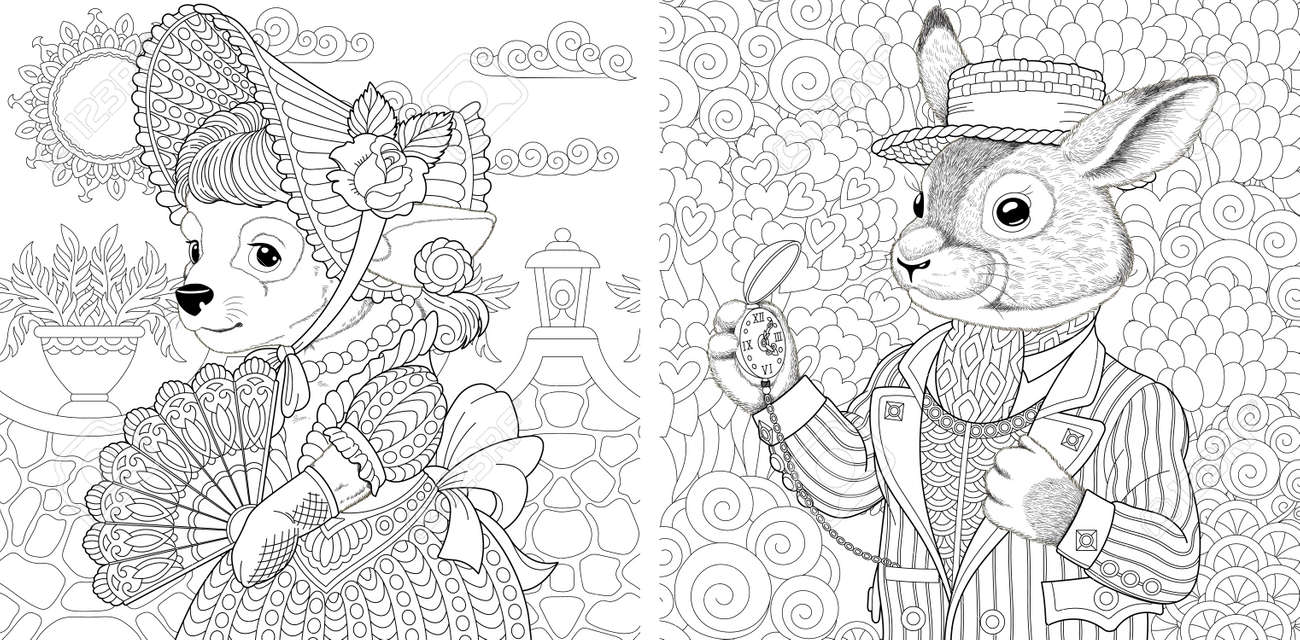 Floral adult coloring book pages fairy tale dog and bunny cute vintage animals royalty free svg cliparts vectors and stock illustration image