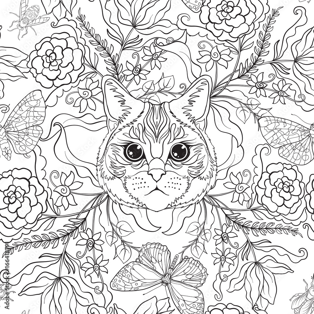 Seamless pattern background with vintage style flowers and animals outline hand drawing coloring page for adult coloring book line vector illustration vector