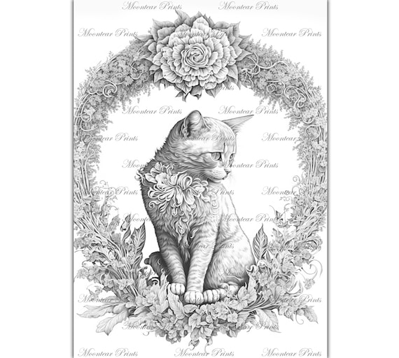 Floral cat grayscale coloring page floral vintage style cat illustration printable pdf coloring book page ai generated image