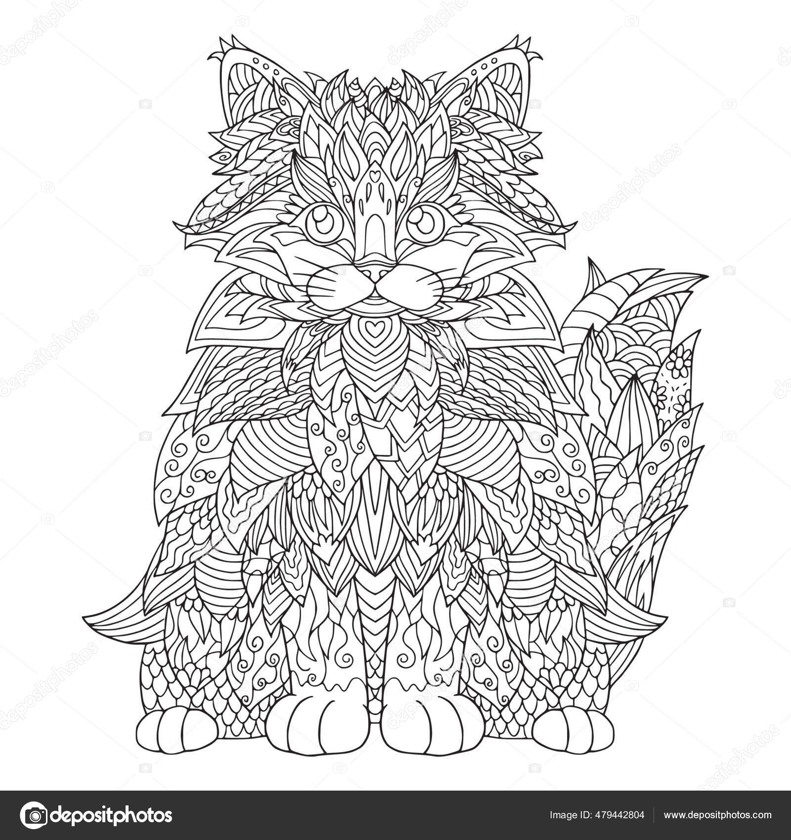 Coloring book cat vintage pattern zentangle elements isolated white hand stock vector by daniellabelaya