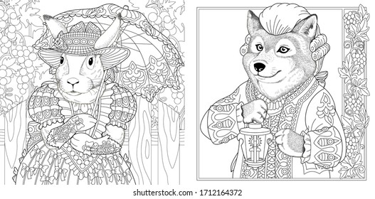 Two coloring pages animals vintage clothes stock vector royalty free