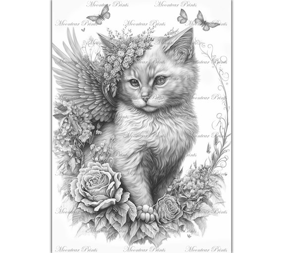 Lovely angel cat grayscale coloring page floral vintage style cat illustration printable pdf coloring book page ai generated image instant download