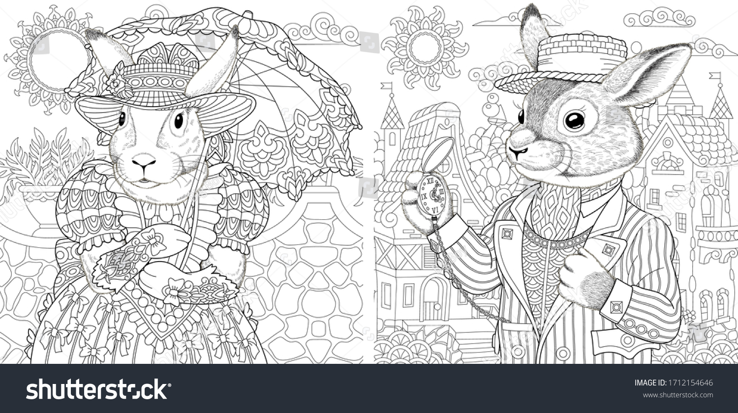 Two coloring pages animals vintage clothes stock vector royalty free