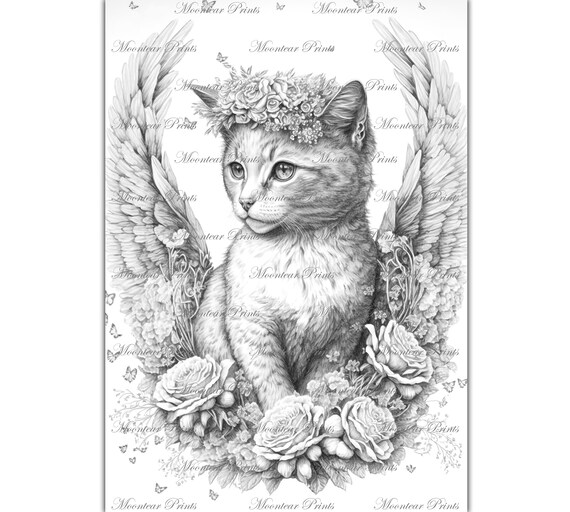 Lovely vintage angel cat grayscale coloring page floral vintage style cat printable pdf coloring page for adults ai generated image