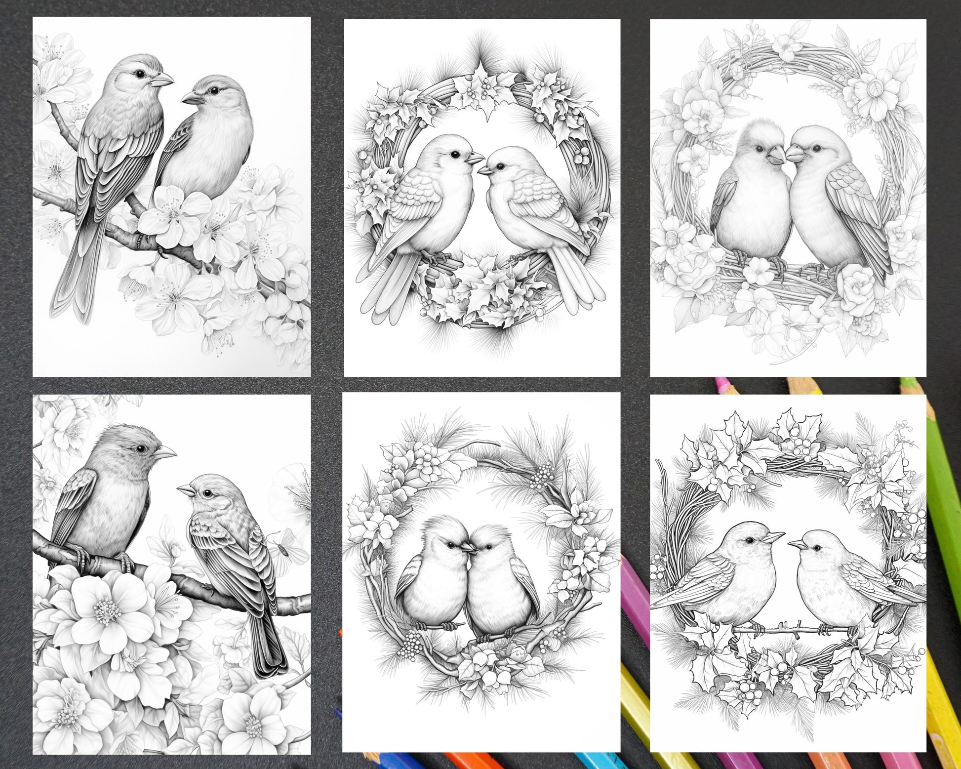 Lovebird couple with flowers grayscale coloring pages for adults p â coloring