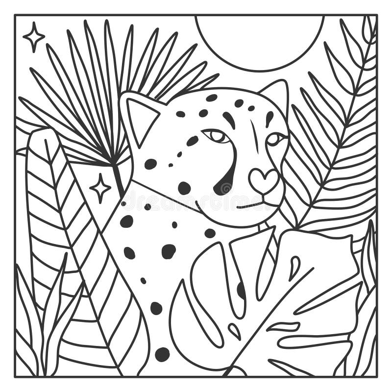 Line art tropical cheetah animal in vintage jungle exotic leaves plants adult coloring book pages stock vector