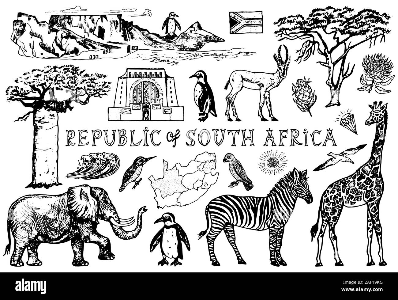 Africa doodle vintage set wild animals in safari isolated on white background giraffe and zebra map and birds hand drawn sketch stock vector image art