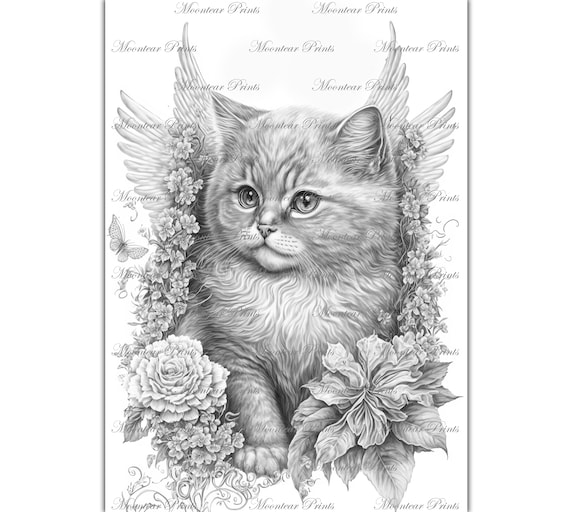 Lovely angel cat grayscale coloring page floral vintage style cat illustration printable pdf coloring book page ai generated image