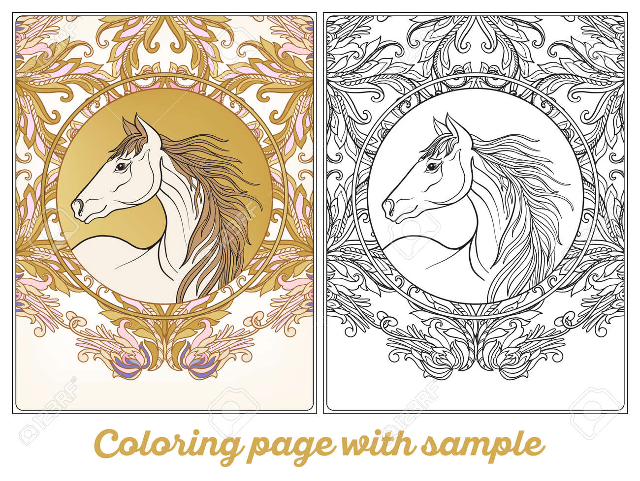 Horse in vintage decorative floral mandala frame illustration coloring book for adult and older children outline drawing coloring page with sample royalty free svg cliparts vectors and stock illustration image