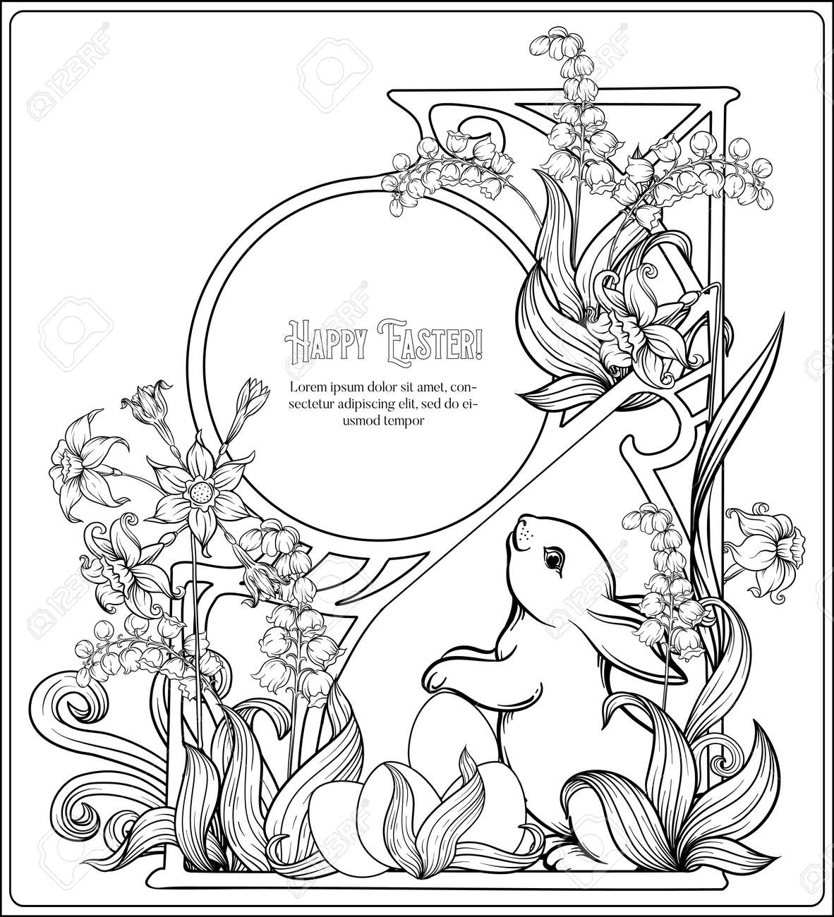 Happy easter template postcard poster with a hare eggs and spring flowers in art nouveau style vintage old retro style outline hand drawing vector illustration coloring page royalty free svg cliparts vectors