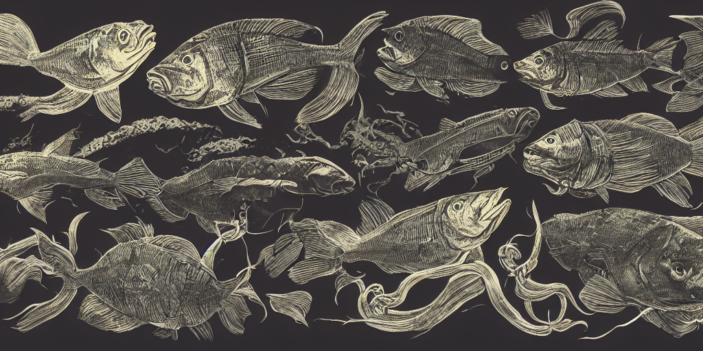 Full color page scan of various vintage lovecraftian fish illustrations on black background in matte painting d kitbash k