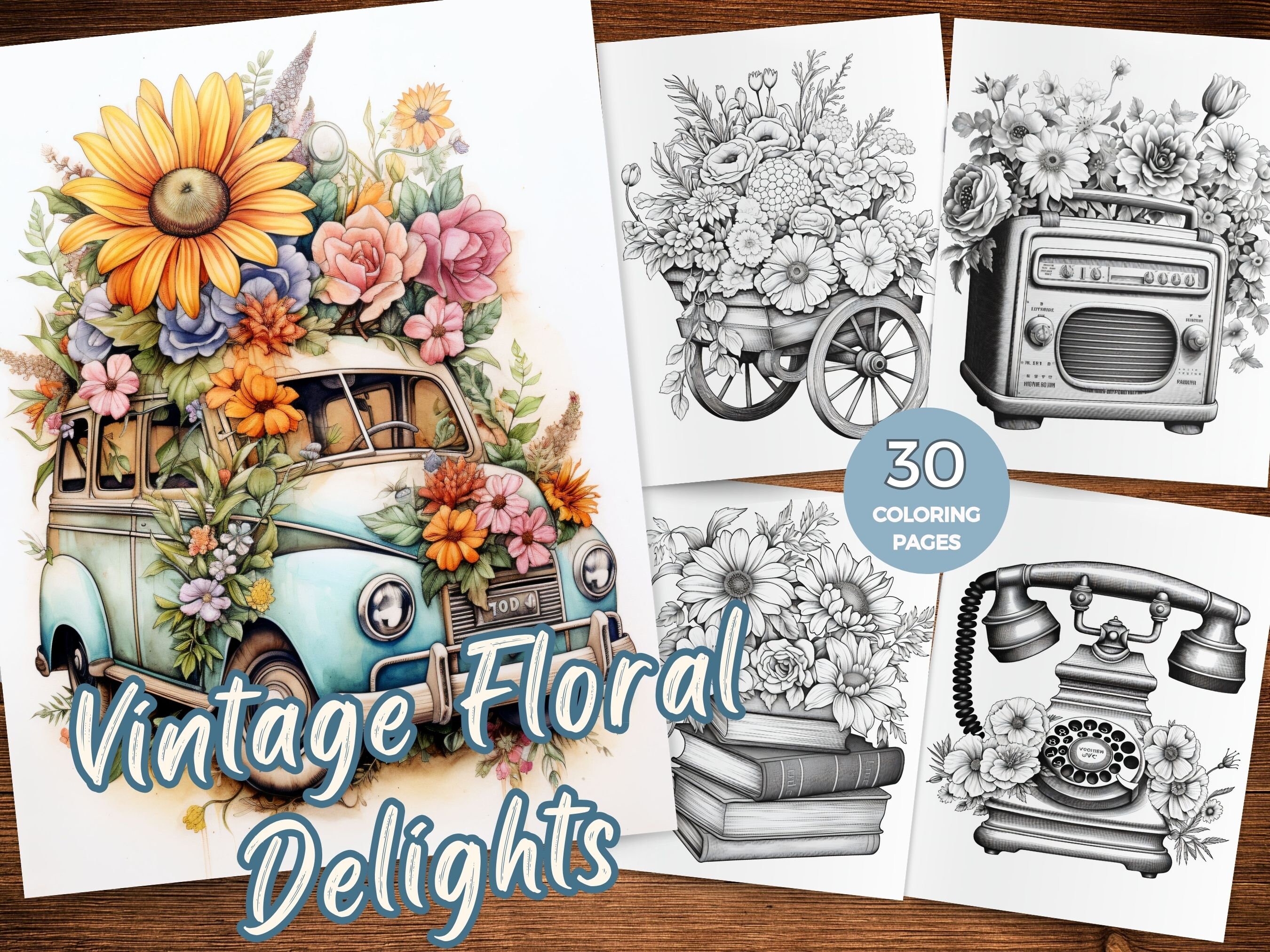 Vintage objects with flowers coloring pages for adults instant download floral vintage objects grayscale coloring book vintage floral object