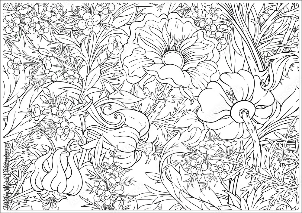 Floral seamless pattern background with in art nouveau style vintage old retro style outline vector illustration coloring page for the adult coloring book vector