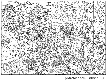 Black and white coloring page with flowers and