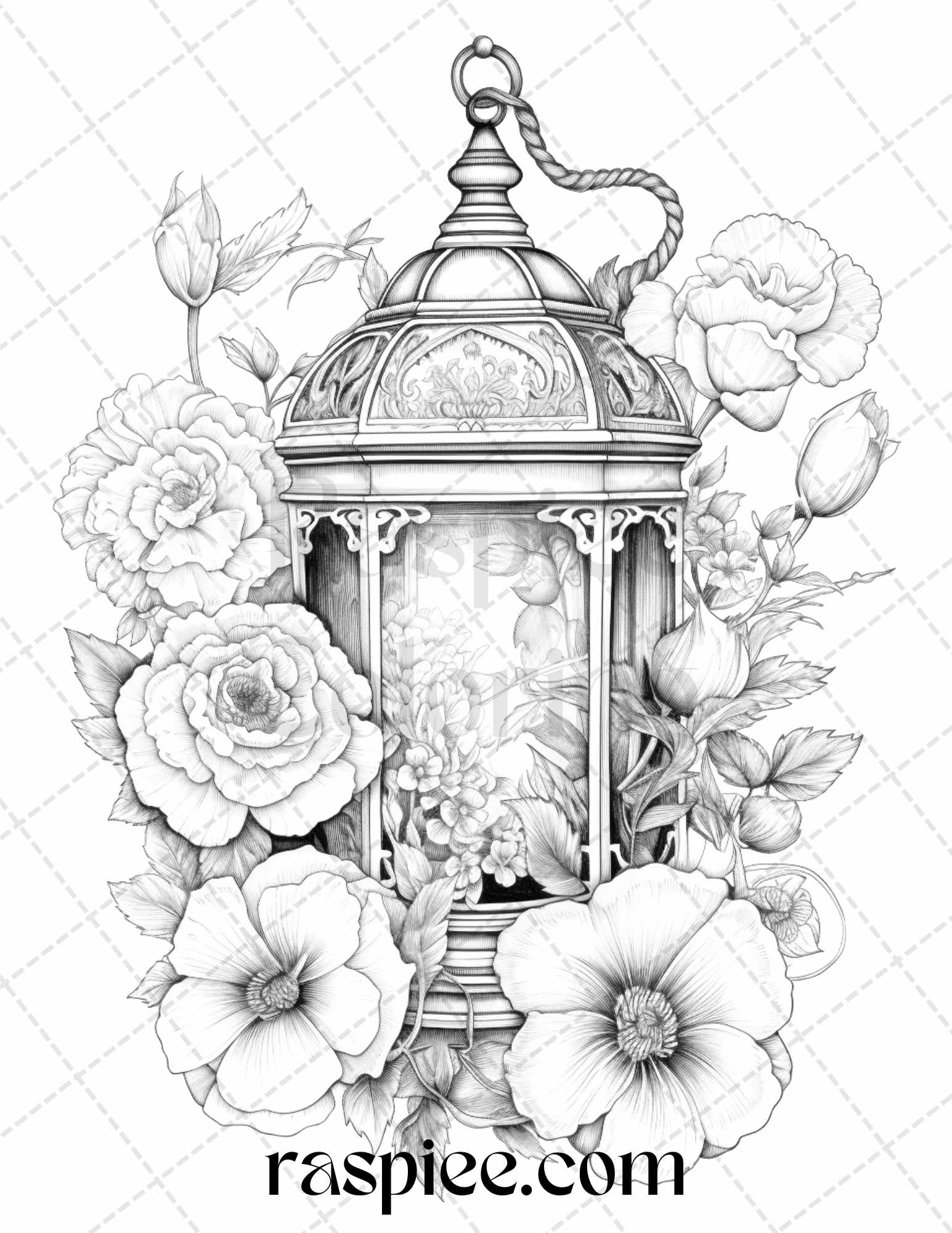 Vintage lantern flower grayscale coloring pages printable for adult â coloring