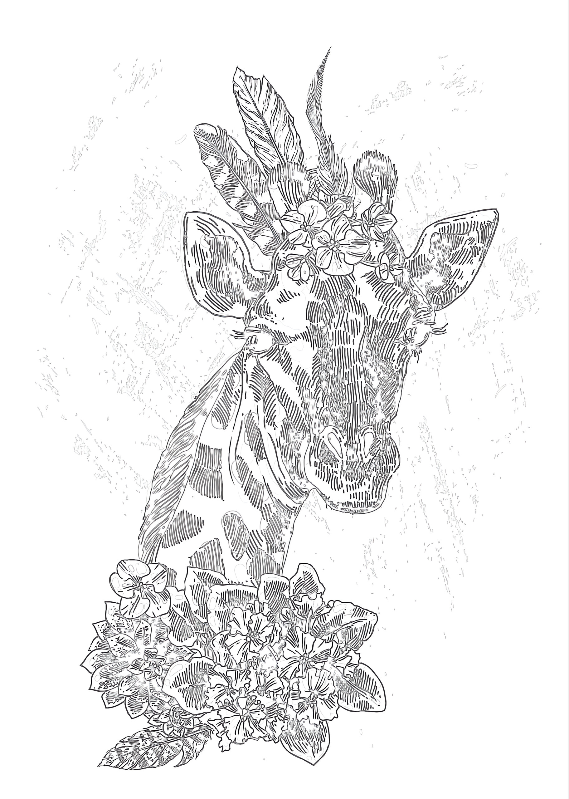 Vintage giraffe in flowers coloring page