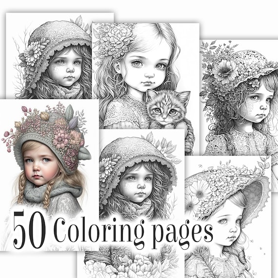 Vintage style grayscale coloring pages little princess girls floral printable pdf coloring pages for kids and adults ai generated images