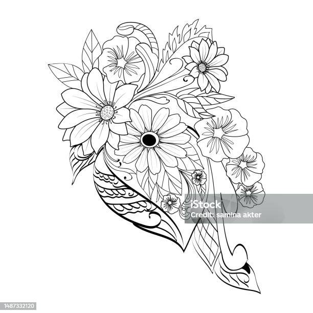 Flower coloring page for adults realistic flower coloring pages vintage floral vector illustration doodle flower art