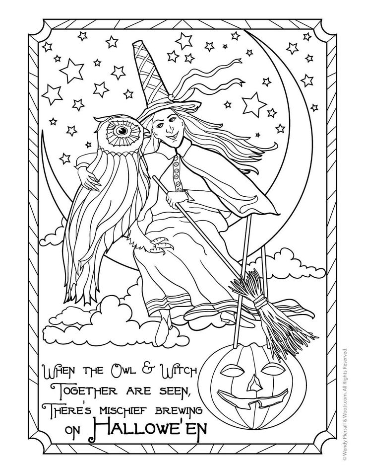 Witch and owl vintage halloween postcard coloring page woo jr kids activities childrens publishing halloween coloring pages owl coloring pages witch coloring pages