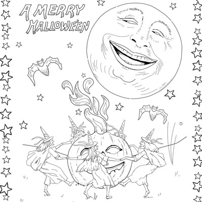 Vintage halloween witches coloring page c