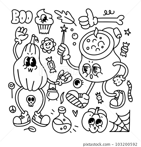 Halloween coloring page black and white linear