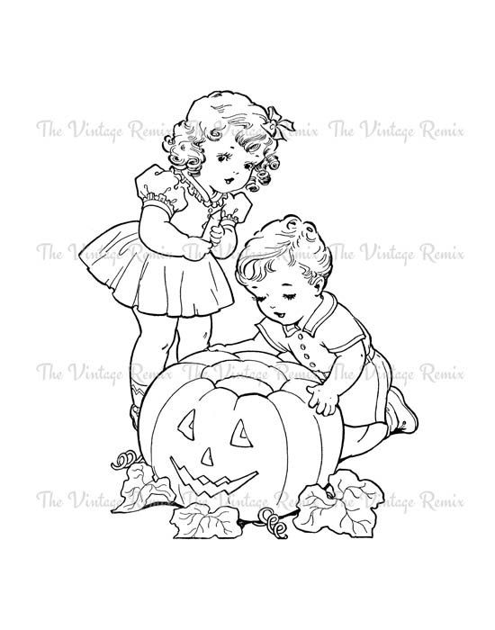 Instant download digital stamp vintage halloween children carving pumpkin printable illustration graphic jpeg and png files