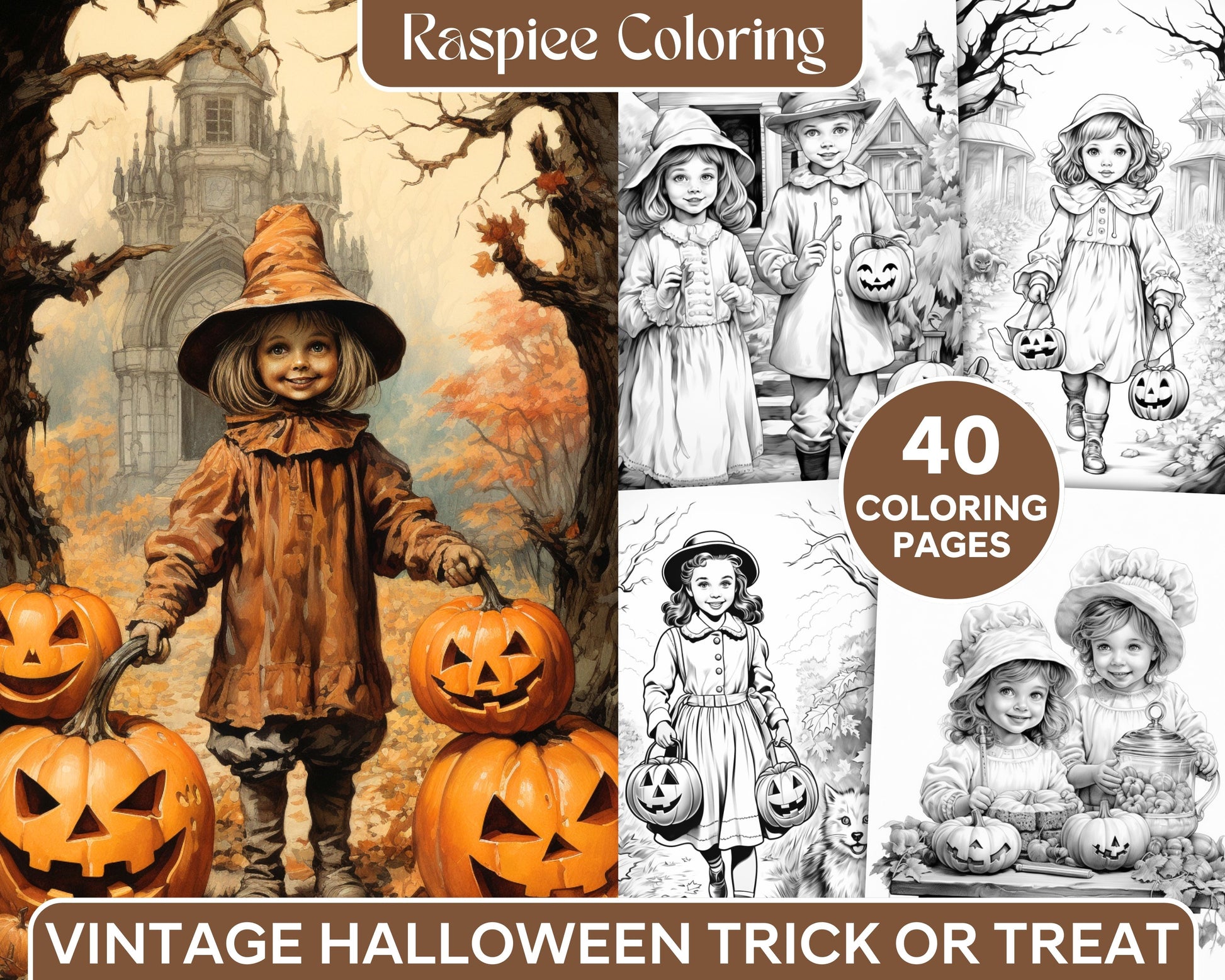 Vintage halloween trick or treat grayscale coloring pages printable â coloring