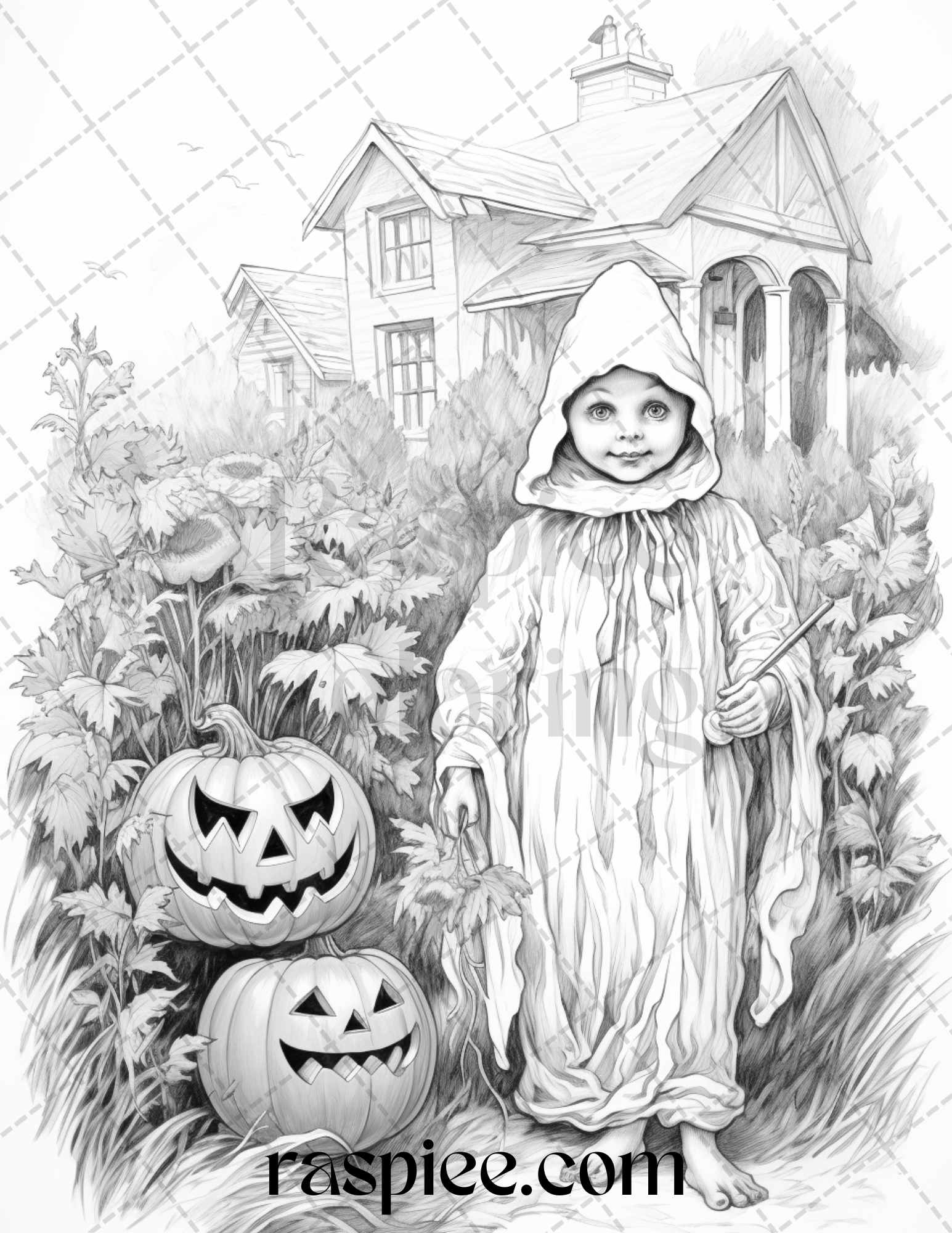 Vintage halloween trick or treat grayscale coloring pages printable â coloring