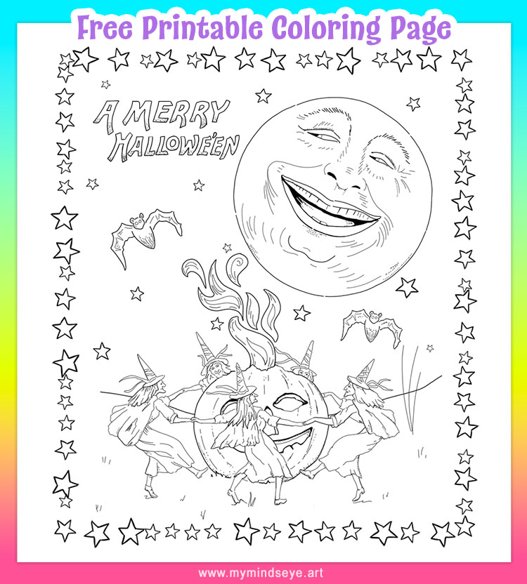 Vintage halloween witches coloring page c