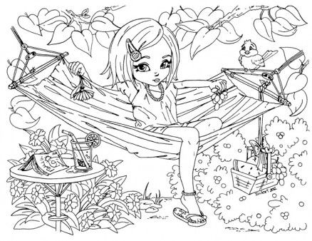 Printable summer time girl enjoy on hammock coloring pages