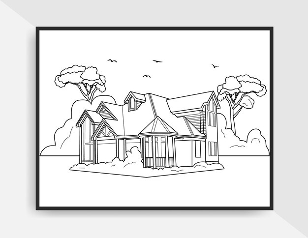 Premium vector vintage illustration sketch line art hand drawn of house landscape for coloring page