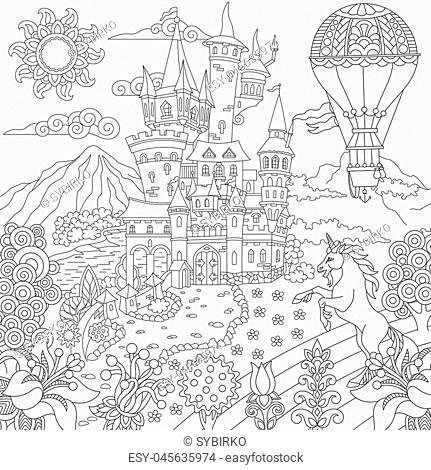 Fairy tale concept fairytale landscape with vintage castle unicorn flowers hot air balloon stock vector vector and low budget royalty free image pic esy