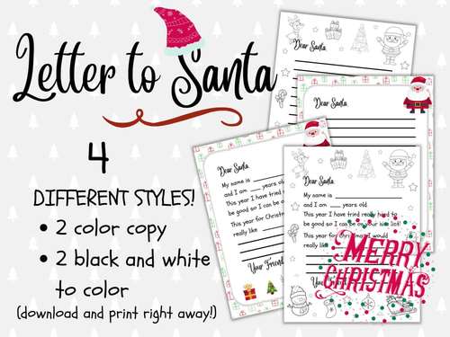 Kids letter to santa bundle printable kids christmas letter coloring page