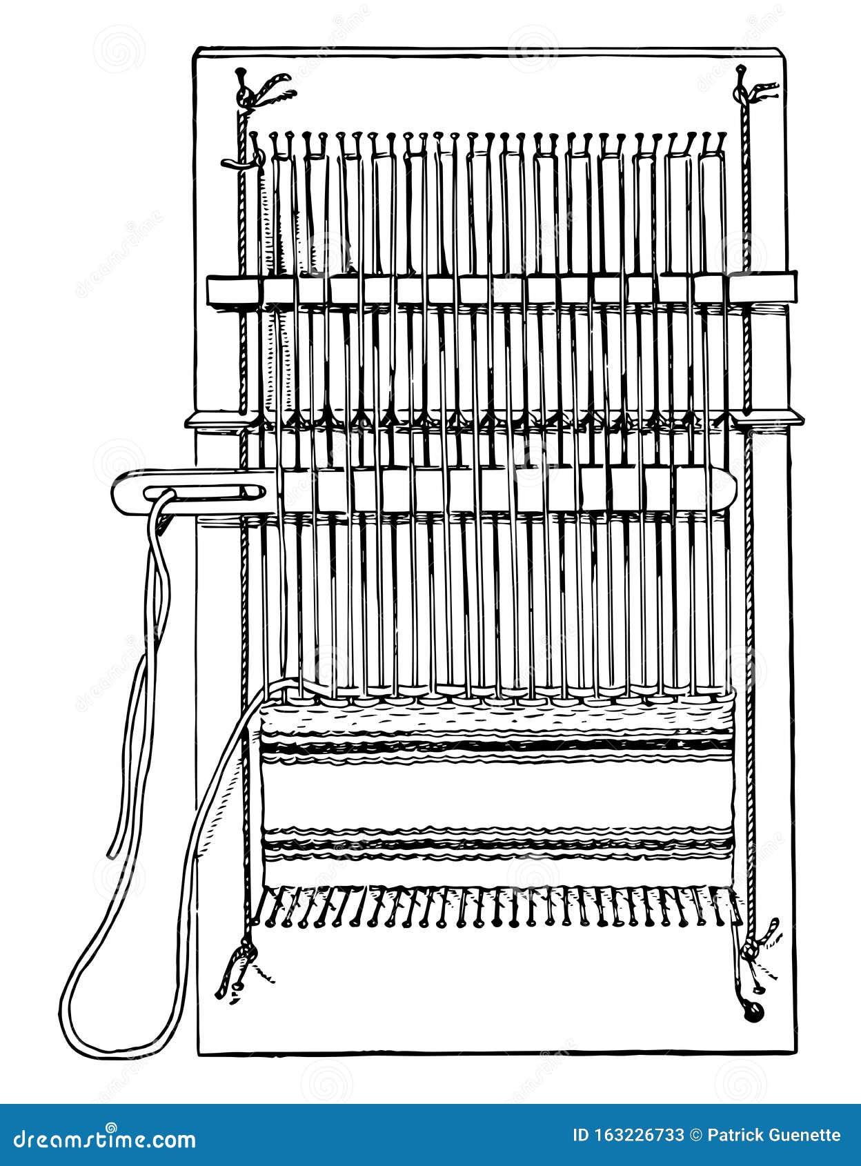 Plete pin loom the pins holding the thread to the loom and the top and bottom vintage engraving stock vector