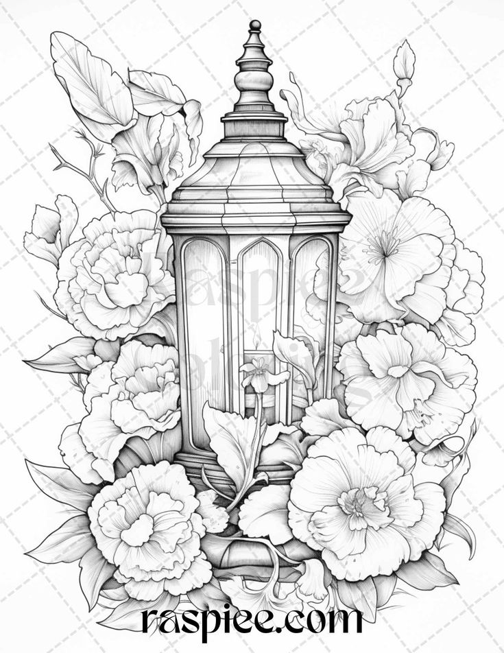 Vintage lantern flower grayscale coloring pages printable for adult grayscale coloring coloring pages flower coloring pages