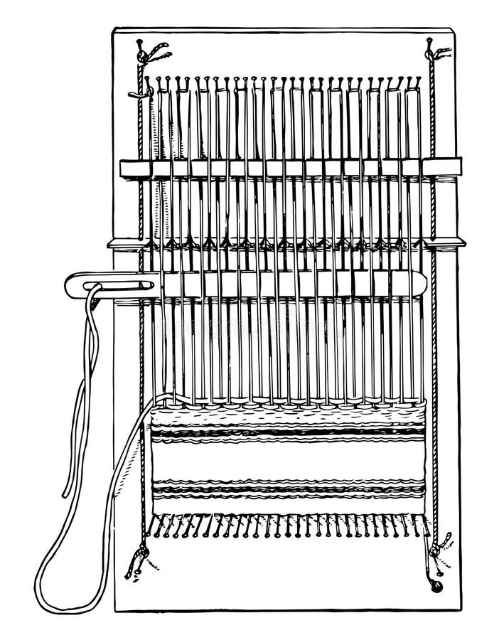 Plete pin loom the pins holding the thread to the loom and the top and bottom vintage engraving stock vector