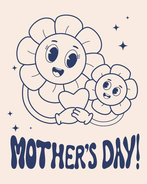 Retro character daisy flowers power groovy modern cartoon vintage character mom with baby with heart nostalgic poster mothers day vector illustration monochrome palette stock illustration